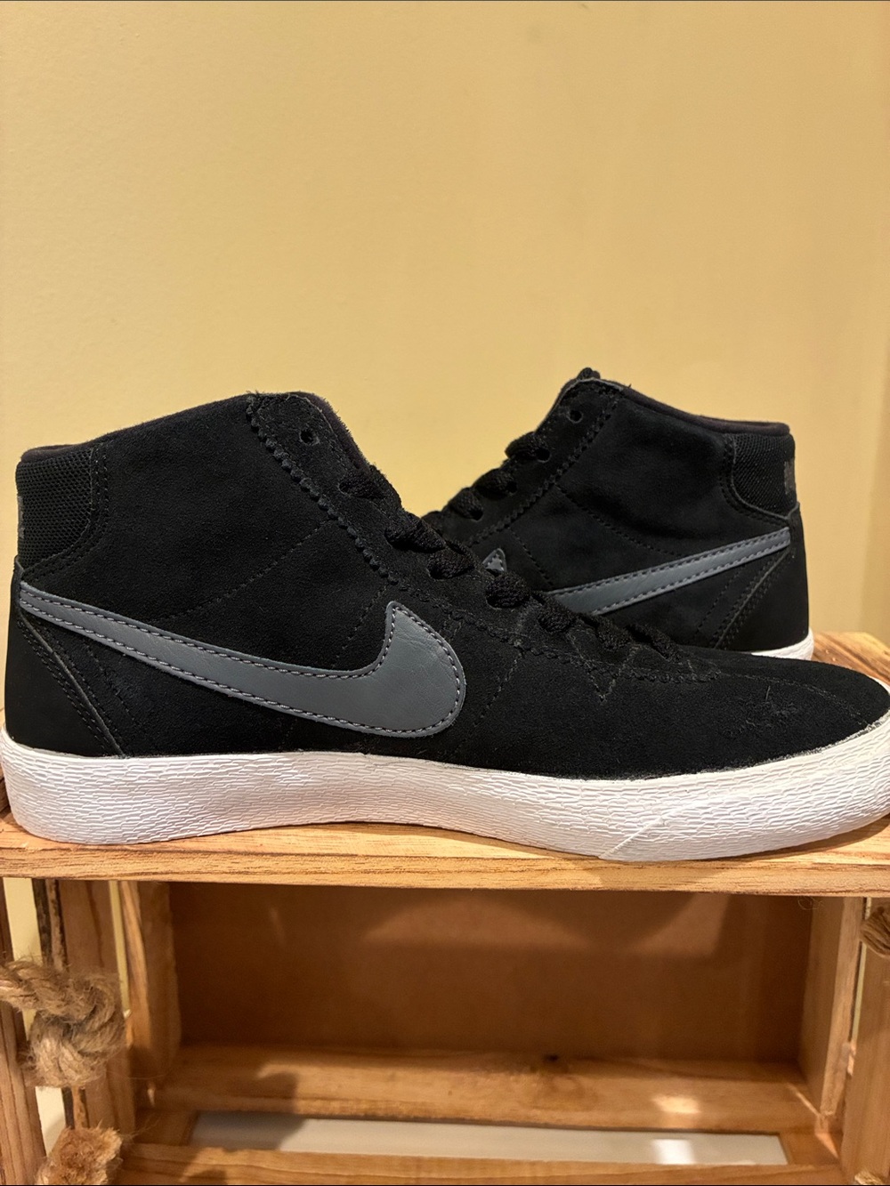 Nike Black Suede High-Top Sneakers with White Soles and Gray Swoosh - Picture 2 of 7